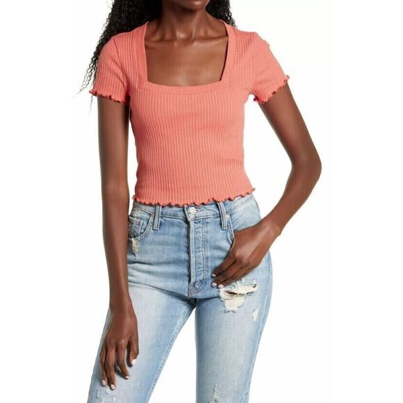 Socialite Women's Ribbed Square Neck Short Sleeve Top In Ginger Large MSRP $34 - Picture 3 of 4